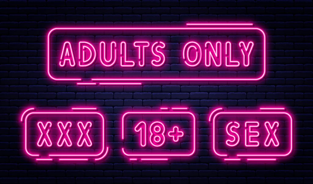 Set of neon signs, adults only, 18 plus, sex and xxx. Restricted content, erotic video concept ...