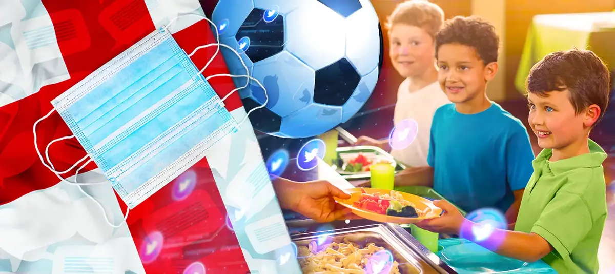 An image showing children eating school meals alongside a football and England flag.