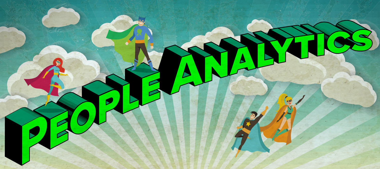 HR professionals in superhero capes fly around a headline situated in the clouds that reads "people analytics."