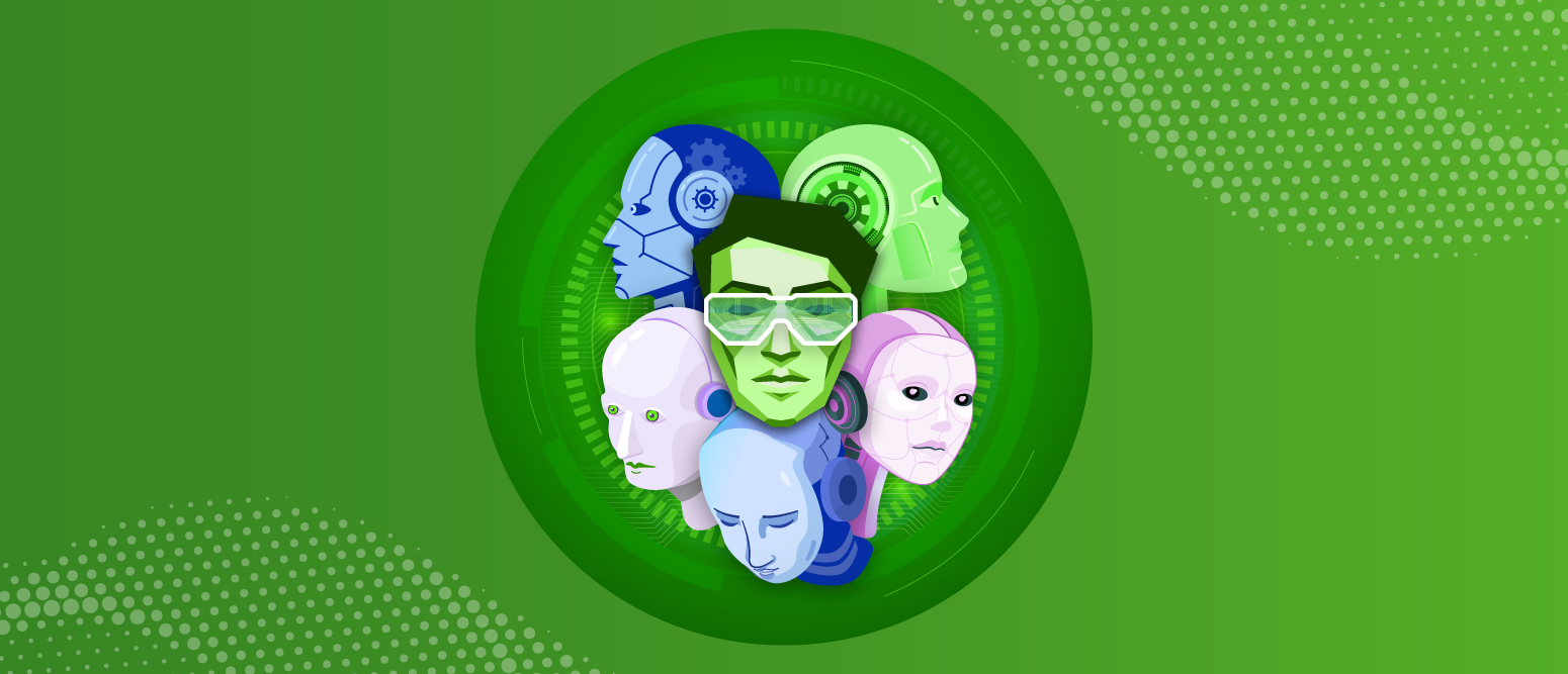 An image which consists of multiple machine-like faces to represent AI platforms.