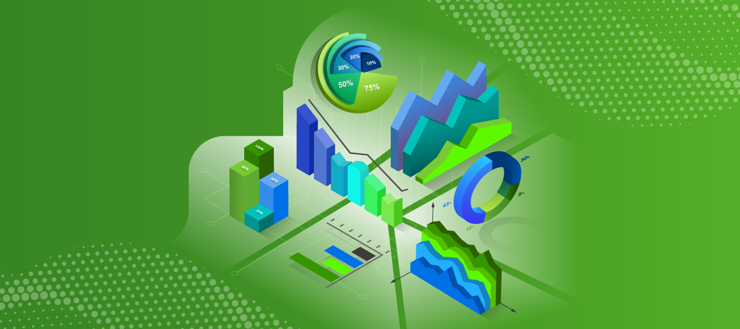 A series of qualitative data visualizations in the center of an image with a green background.
