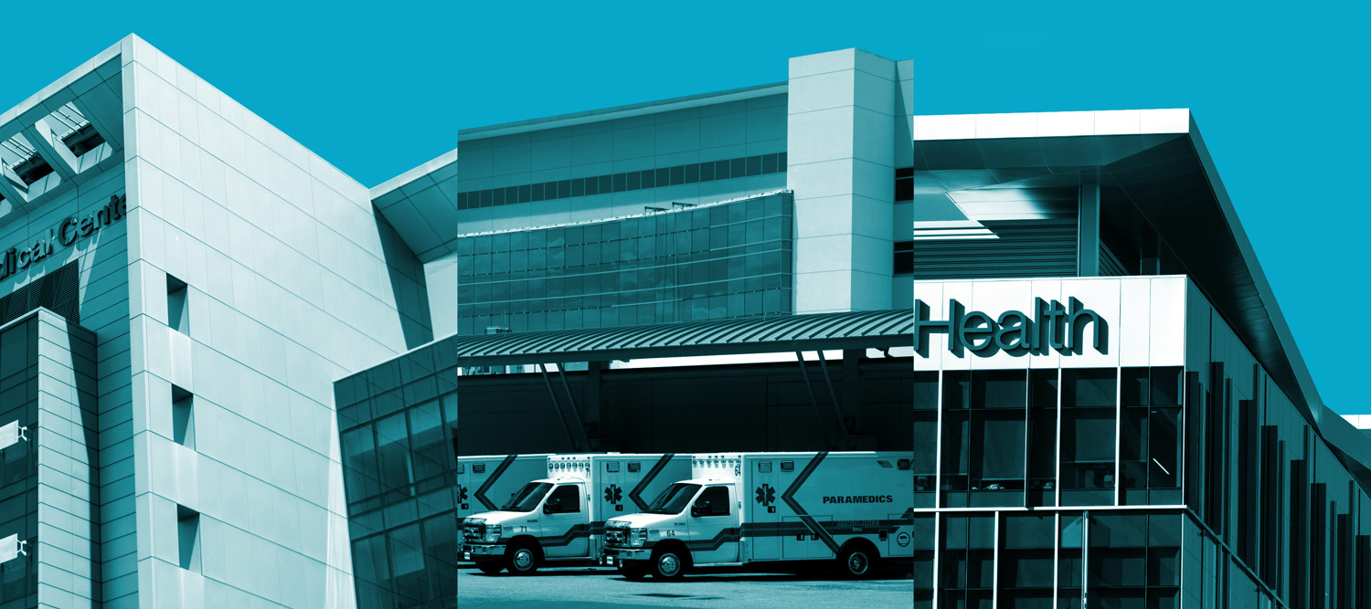 A selection of three hospitals segmented next to each other with a blue filter to illustrate a patient feedback blog.