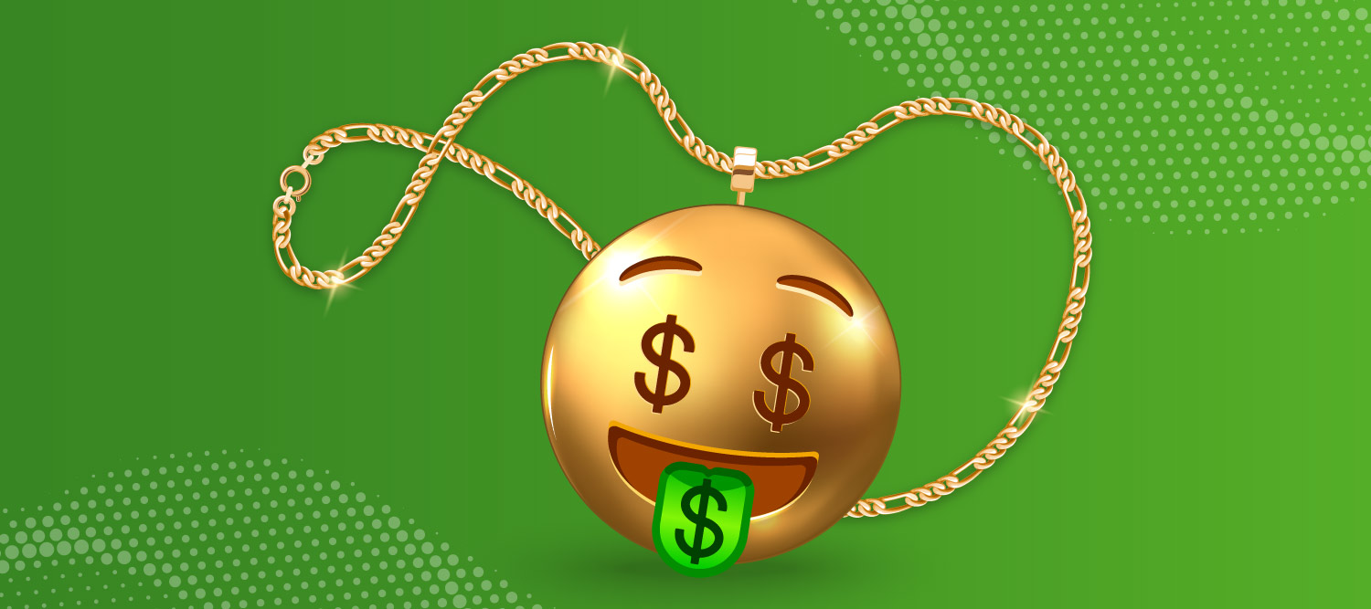 A golden money emoji on a chain against a green background to denote a blog about luxury trends.