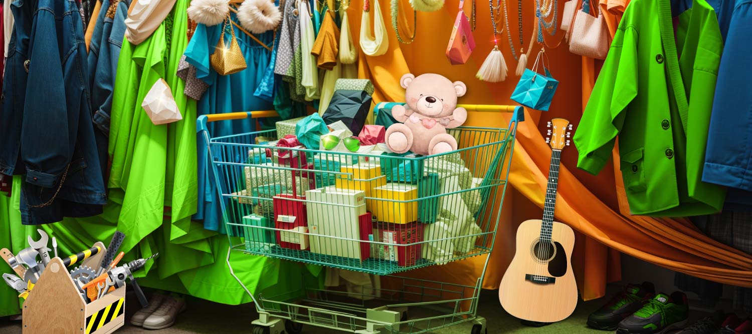 A image of a variety of products in a shopping trolley on a green backdrop to illustrate customer sentiment analysis around Temu.