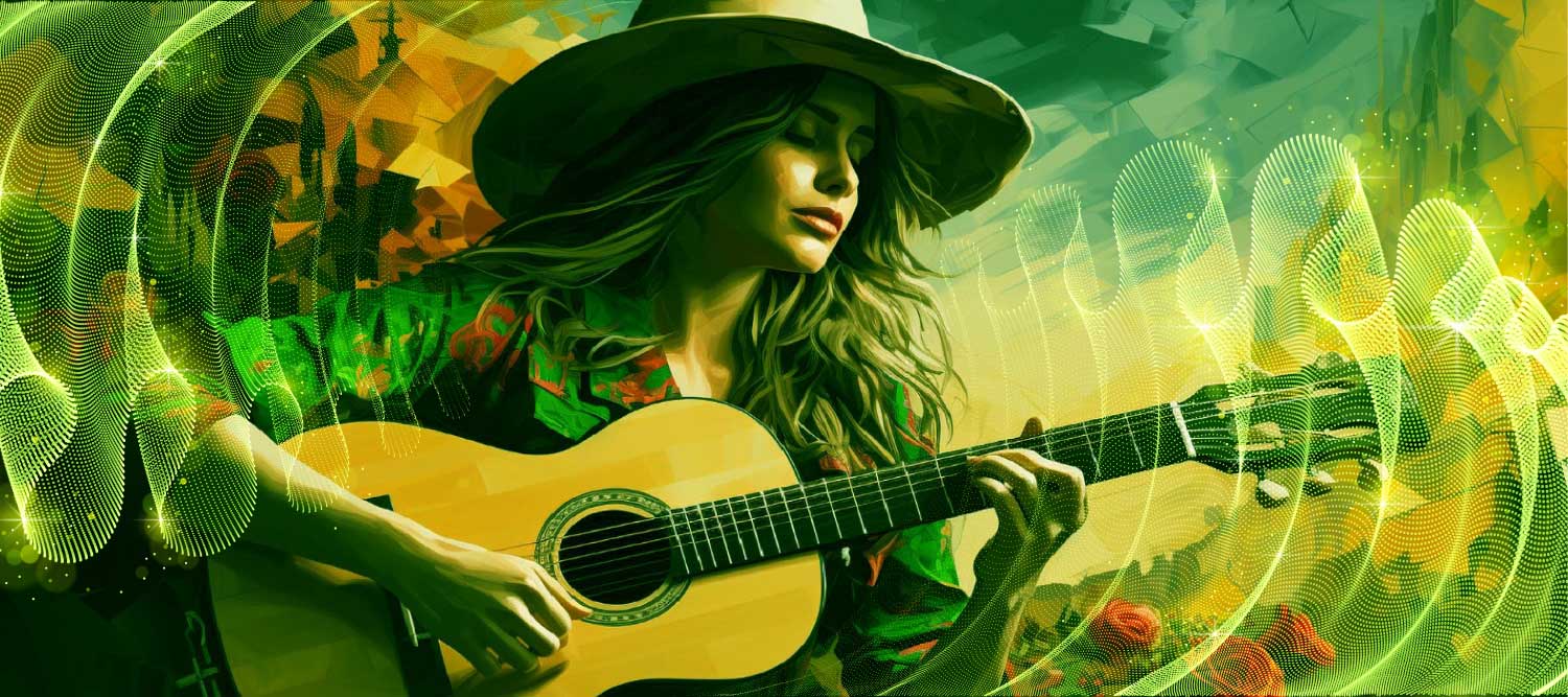 A woman with long hair wearing a hat and holding a guitar on a green-tinged background to represent country music fans.