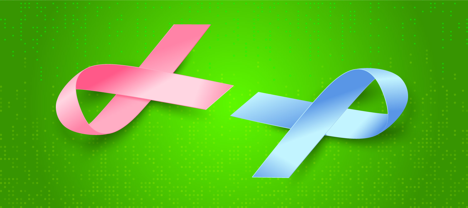 Breast and prostate cancer ribbons on a green background to visualize cancer patient experience.