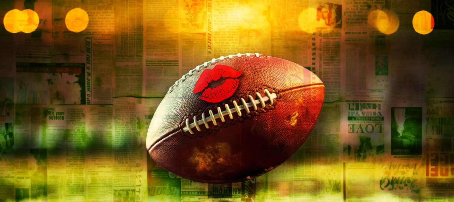 A tilted football with Taylor Swift style lipstick on it to visualize a blog about Swifties' reactions to Taylor's relationship with Travis Kelce.