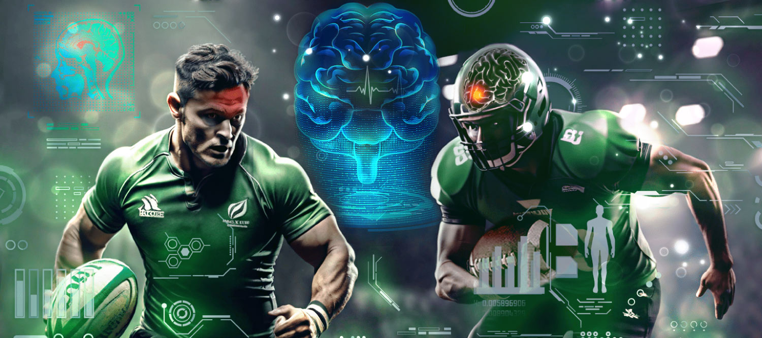 An rugby player and football player running towards each other with concussion imagery visualized on their heads for a blog about fan sentiment towards concussion.