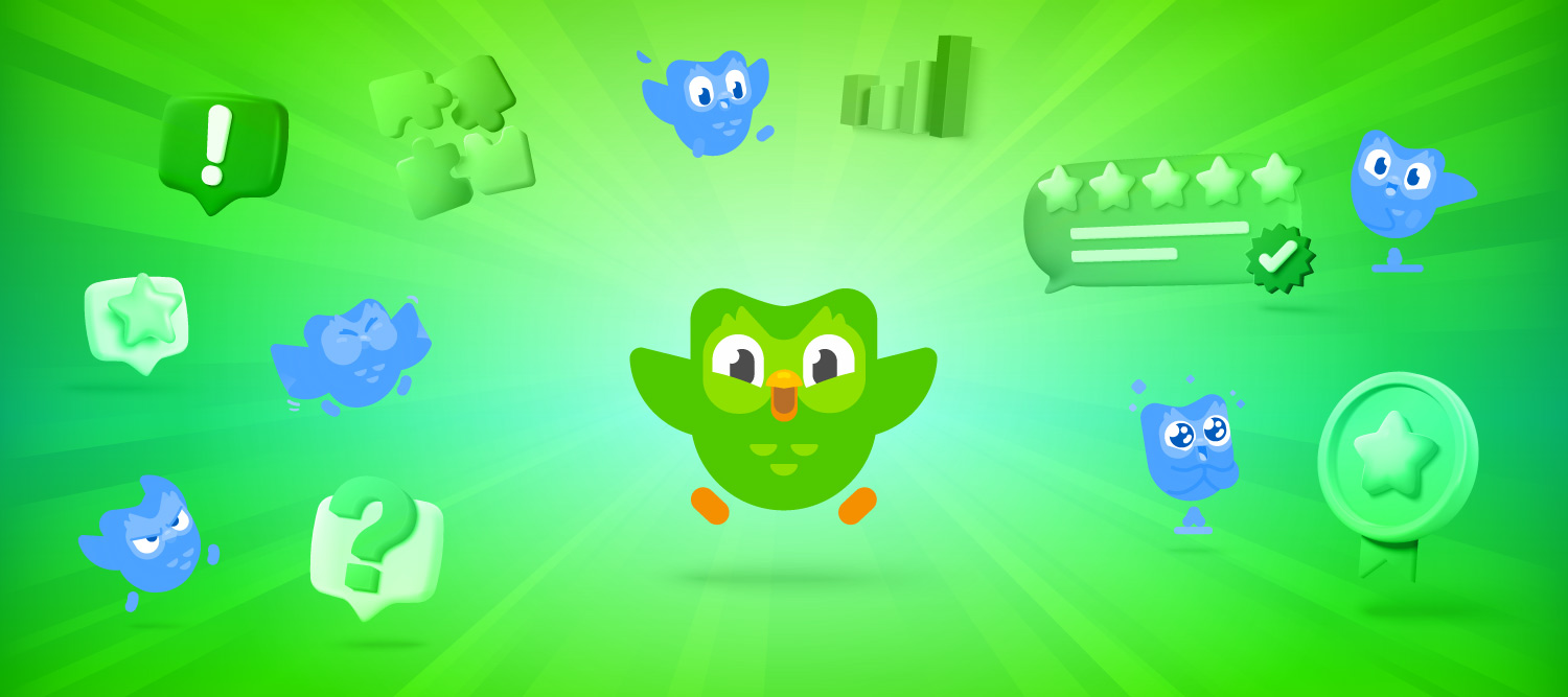 An image of a green Duolingo owl on a green background with images representing customer reviews to visualize app reviews analysis.