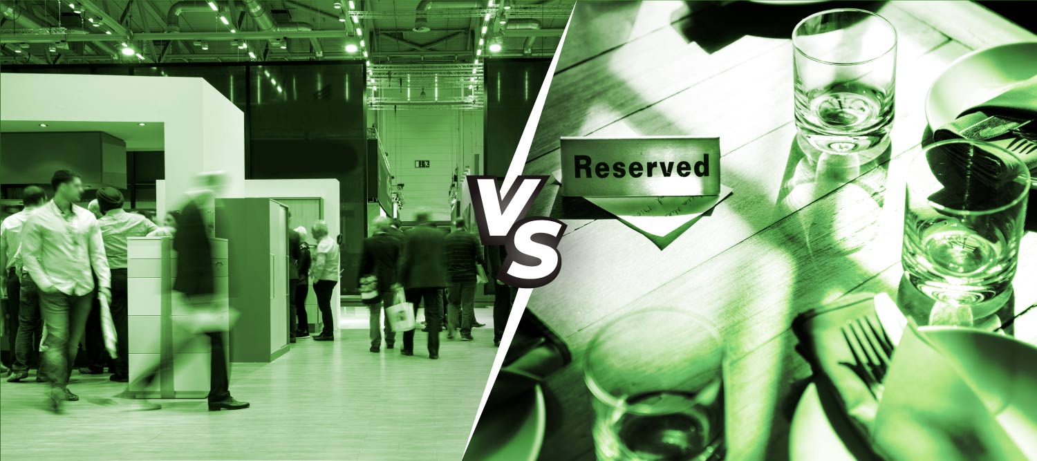 A split image of a trade show on the left versus an exclusive dinner setting on the right to illustrate a comparison of event feedback for these two types of gathering.