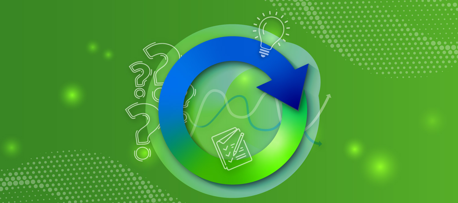 A circular arrow on a green background with data-themed icons to illustrate data automation tool Relative Flow.