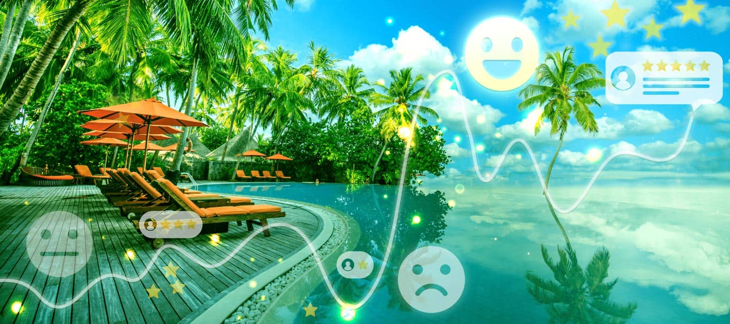 A beachside image with CSAT-style faces to represent a hotel survey.