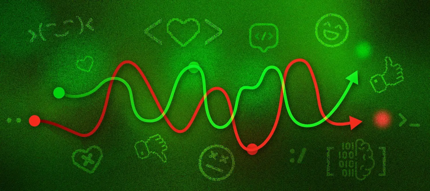 Red and green lines surrounded by like and dislike icons in code segments to visualize sentiment coding.