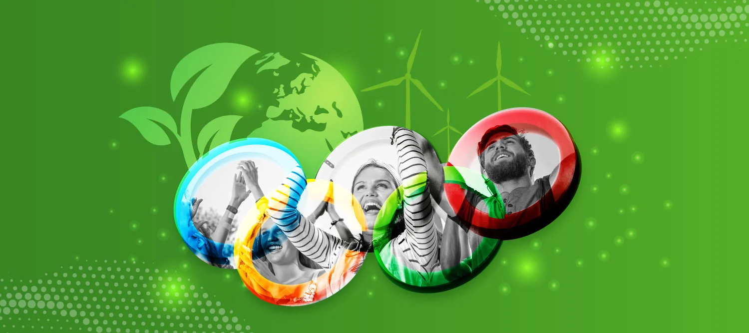 The Olympic rings with sports fan inside them and images of plants and wind turbines on the outside to visualize sports sustainability.