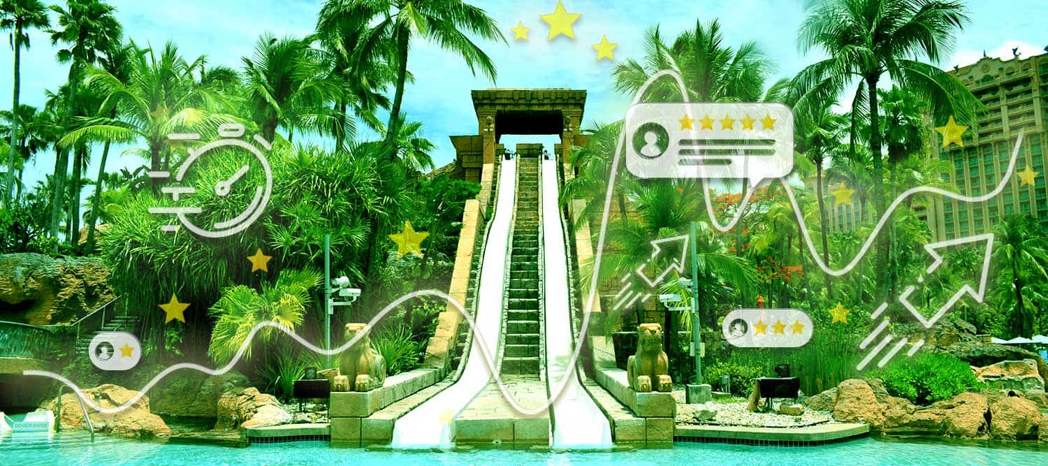 An image of a waterfall at a luxury resort to illustrate a blog around how such a place analyzed real-time feedback.