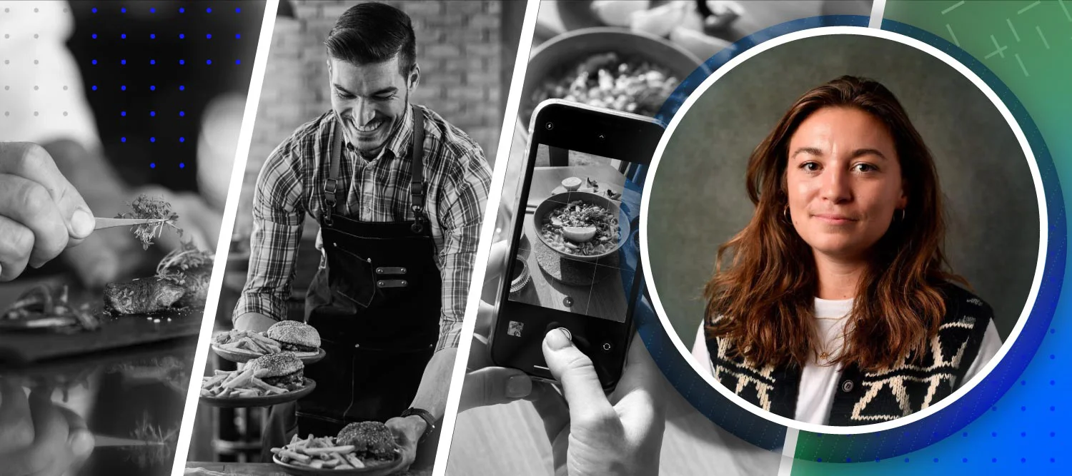An image of VP of Sales Rachel Banks alongside dining imagery to illustrate a restaurant customer experience program.